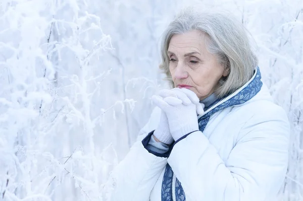 Αναστατωμένη Όμορφη Ηλικιωμένη Γυναίκα Που Ποζάρει Στο Χιονισμένο Χειμερινό Πάρκο — Φωτογραφία Αρχείου