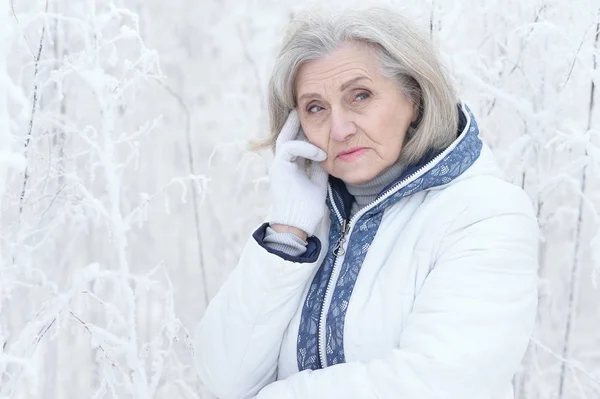 Feliz Hermosa Mujer Mayor Posando Parque Invierno Nevado —  Fotos de Stock