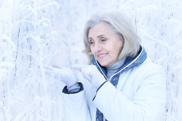 雪の冬の公園でポーズ幸せな美しいシニア女性 — ストック写真