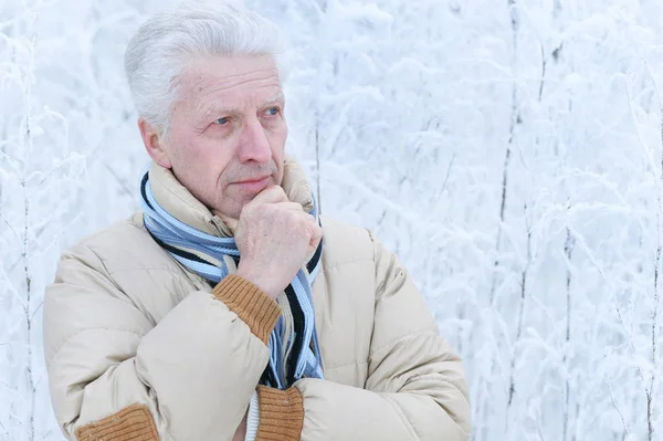 Portret Van Een Bedachtzame Oudere Man Die Winter Buiten Staat — Stockfoto