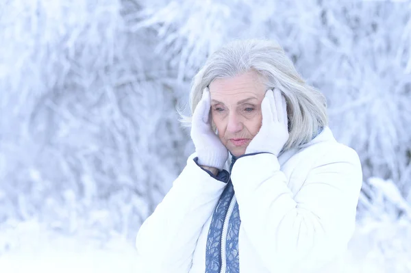 悲伤美丽的老妇人在雪地的冬日公园里摆姿势 — 图库照片
