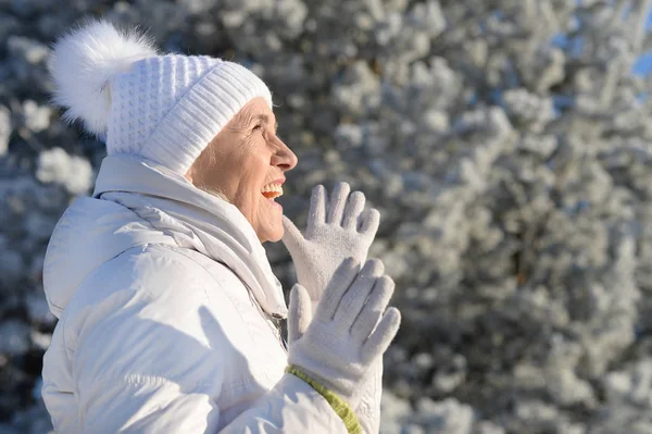 Šťastná Krásná Seniorka Teplém Klobouku Pózuje Zasněženém Zimním Parku — Stock fotografie