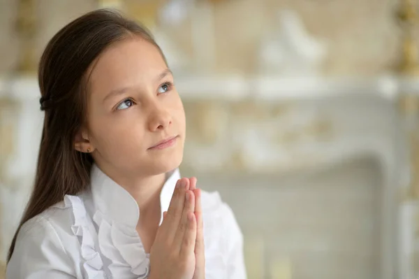 Little Girl White Blouse Praying Home — Stock Photo, Image