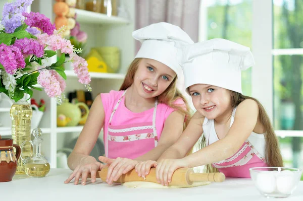 Cute Little Girls Hats Making Dough Kitchen Home — Stock Photo, Image