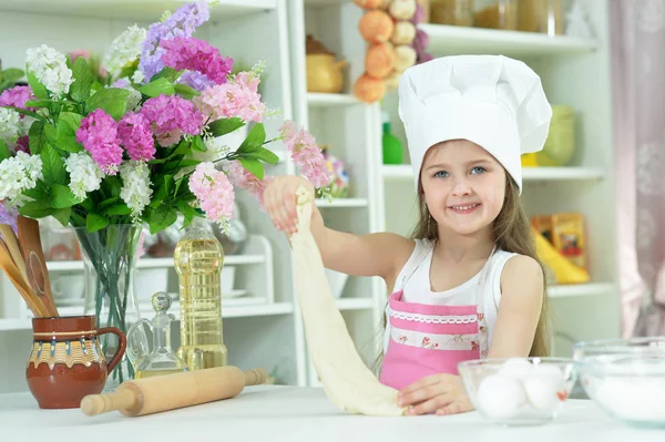 Cute Girl Chefs Hat Making Dough Kitchen Home — Stock Photo, Image