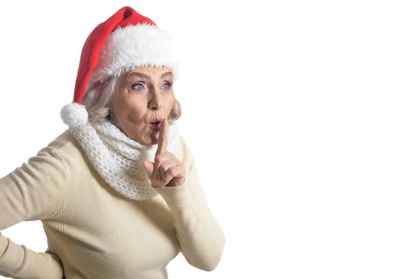 Portrait Happy Senior Woman Santa Hat Gesturing Silence — Stockfoto
