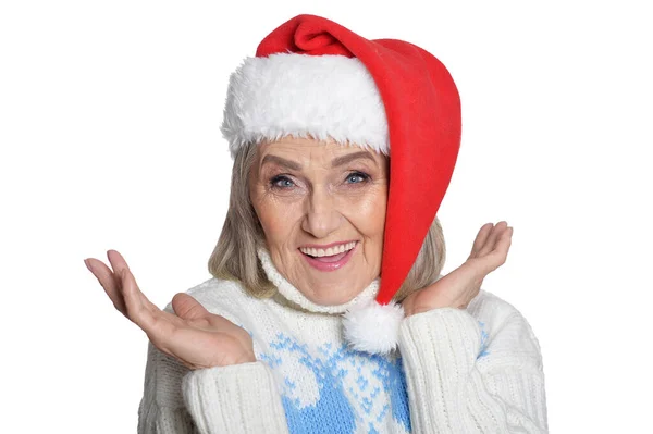 Feliz Anciana Santa Hat Posando Aislado Sobre Fondo Blanco —  Fotos de Stock