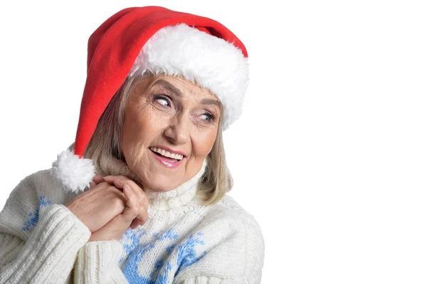 Porträtt Leende Glad Senior Kvinna Santa Hat Poserar — Stockfoto