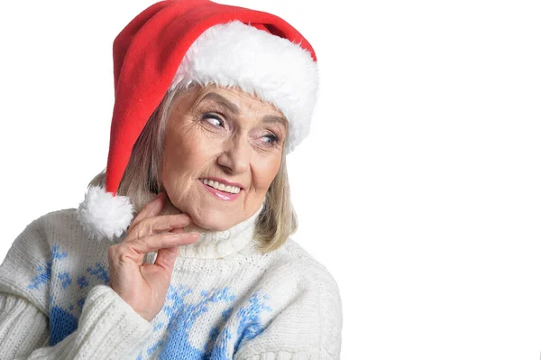 Portret Van Een Glimlachende Vrolijke Oudere Vrouw Santa Hoed Poseren — Stockfoto