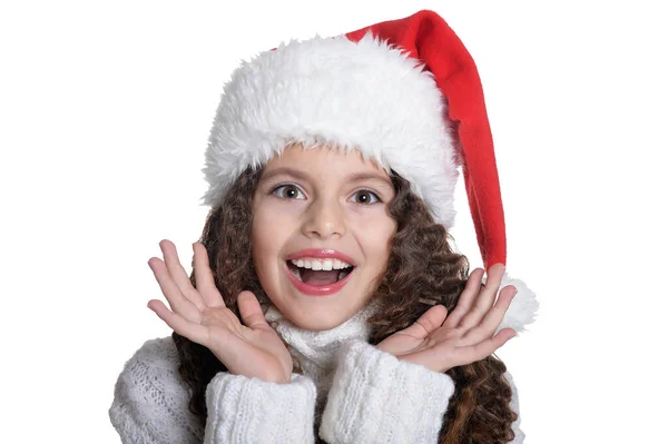 Retrato Menina Sorridente Chapéu Santa Isolado Fundo Branco — Fotografia de Stock