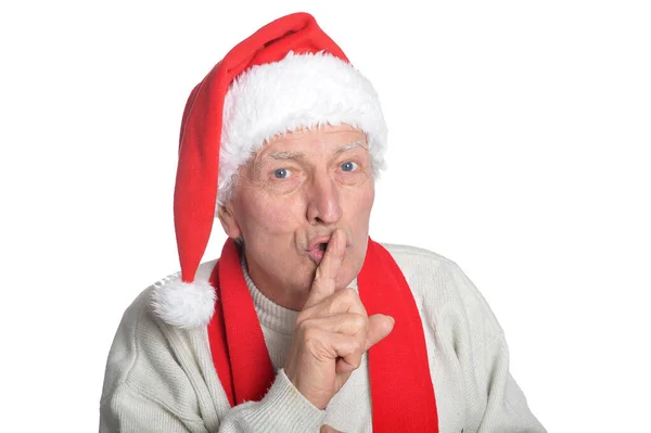 Porträtt Äldre Man Santa Hatt Isolerad Vit Bakgrund — Stockfoto