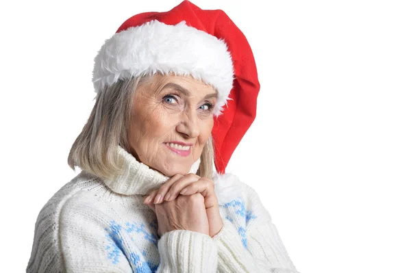 Porträt Einer Lächelnden Glücklichen Seniorin Mit Weihnachtsmütze Die Isoliert Auf — Stockfoto