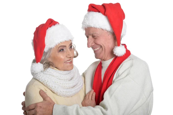 Retrato Feliz Pareja Ancianos Sombreros Santa Aislados Sobre Fondo Blanco —  Fotos de Stock