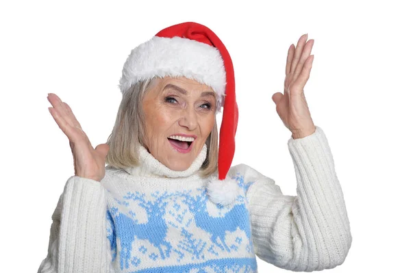 Happy Senior Woman Santa Hat Posing Isolated White Background — Stock Photo, Image