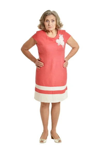 Full Length Serious Senior Woman Posing Isolated White — Stock Photo, Image