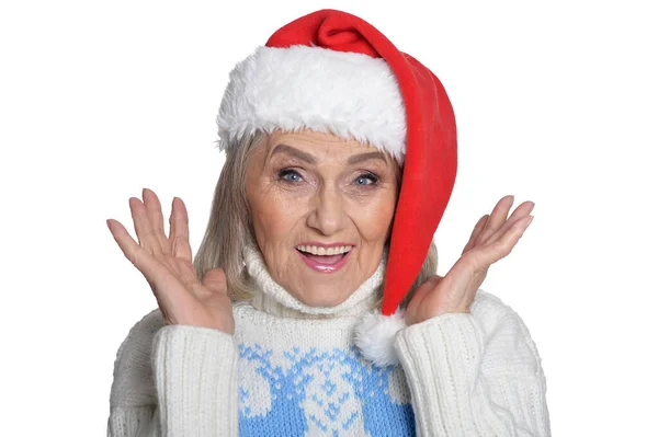 Happy Senior Woman Santa Hat Posing Isolated White Background — Stock Photo, Image