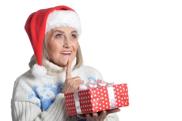 Senior Woman Santa Hat Holding Present Isolated White Background — ストック写真