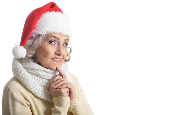 Retrato Sorrir Mulher Sênior Feliz Santa Chapéu Posando Isolado Fundo — Fotografia de Stock