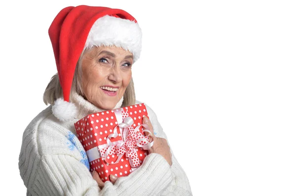 Portrait Femme Âgée Souriante Dans Chapeau Père Noël Posant Avec — Photo