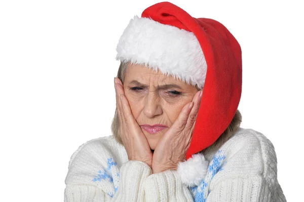 Portrait Sad Senior Woman Santa Hat Isolated White Background — Stock Photo, Image