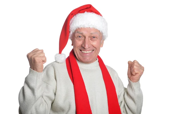 Porträtt Happy Senior Man Santa Hatt Isolerad Vit Bakgrund — Stockfoto