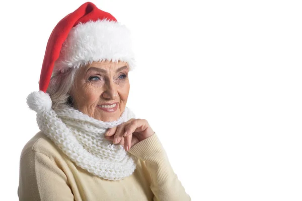 Beyaz Arka Planda Izole Edilmiş Noel Baba Şapkalı Mutlu Yaşlı — Stok fotoğraf