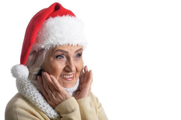 Porträt Einer Überraschten Seniorin Mit Weihnachtsmütze Auf Weißem Hintergrund — Stockfoto