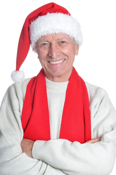 Retrato Hombre Mayor Feliz Santa Sombrero Aislado Sobre Fondo Blanco —  Fotos de Stock