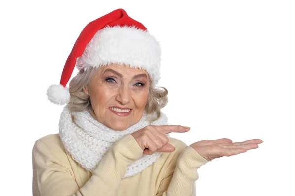 Porträtt Leende Glad Senior Kvinna Santa Hat Poserar — Stockfoto