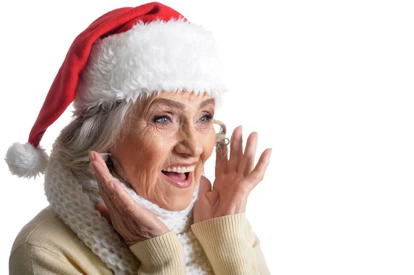 Portrait Smiling Happy Senior Woman Santa Hat Posing Isolated White — Stock Photo, Image