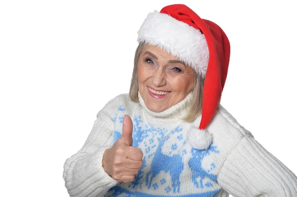 Портрет Улыбающейся Счастливой Пожилой Женщины Шляпе Санты Показывающей Большой Палец — стоковое фото
