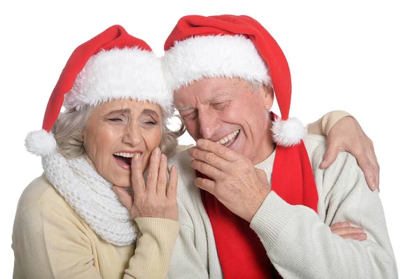 Portret Van Gelukkige Senior Paar Santa Hoeden Geïsoleerd Witte Achtergrond — Stockfoto