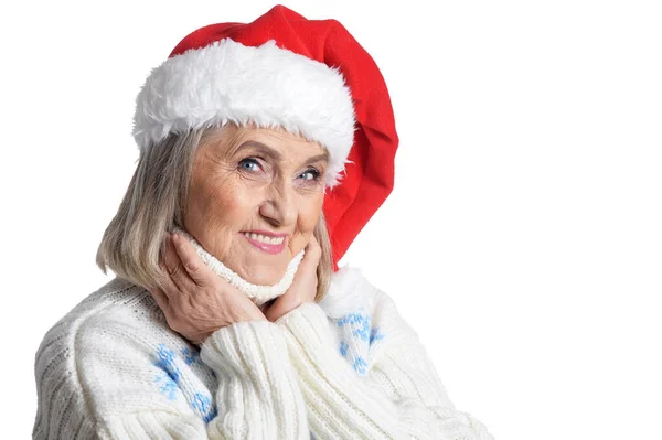 Retrato Sonriente Mujer Mayor Feliz Santa Sombrero Posando Aislado Sobre — Foto de Stock