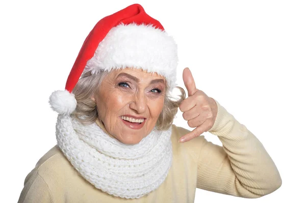 Portrait Smiling Happy Senior Woman Santa Hat Showing Call Sign — Stockfoto