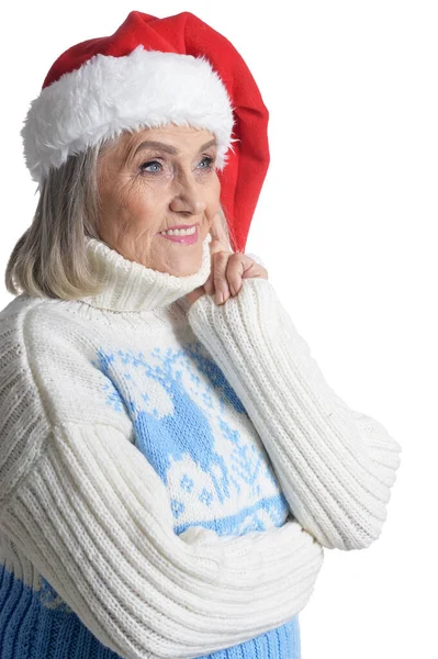 Portrait Smiling Happy Senior Woman Santa Hat Posing Isolated White — Stock Photo, Image