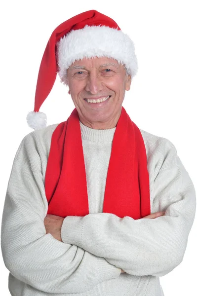 Πορτρέτο Του Ευτυχής Ανώτερος Άνθρωπος Καπέλο Santa Απομονώνονται Λευκό Φόντο — Φωτογραφία Αρχείου