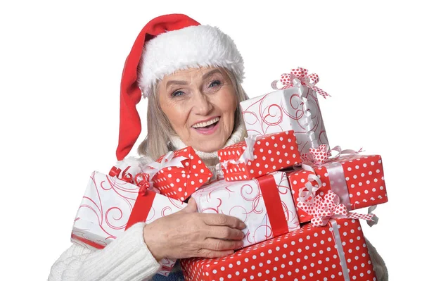 Portrait Smiling Senior Woman Santa Hat Posing Presents Isolated White — Stock Photo, Image