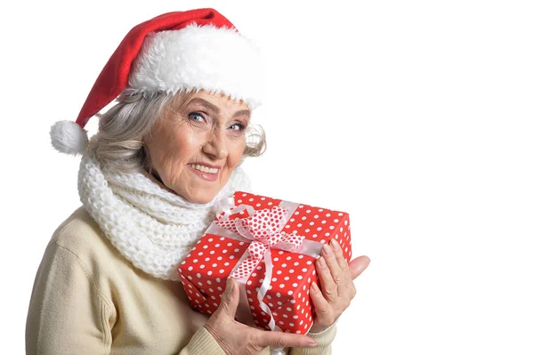 Happy Senior Woman Santa Hat Present Isolated White Background — ストック写真