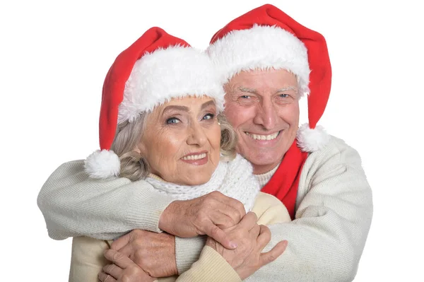 Portrait Heureux Couple Personnes Âgées Dans Chapeaux Père Noël Isolé — Photo