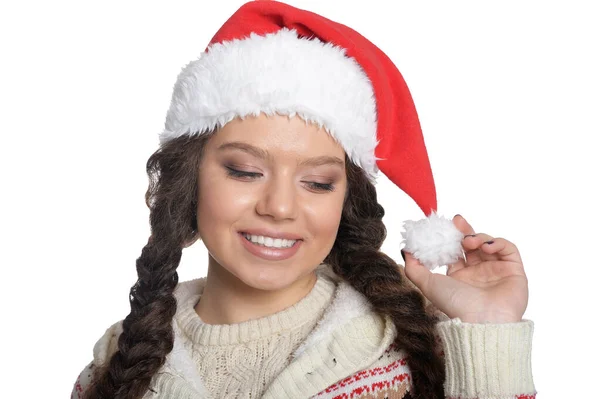 Porträtt Ung Kvinna Santa Hatt Isolerad Vit Bakgrund — Stockfoto