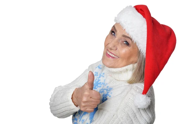 Portrait Smiling Happy Senior Woman Santa Hat Showing Thumb — Stock Photo, Image