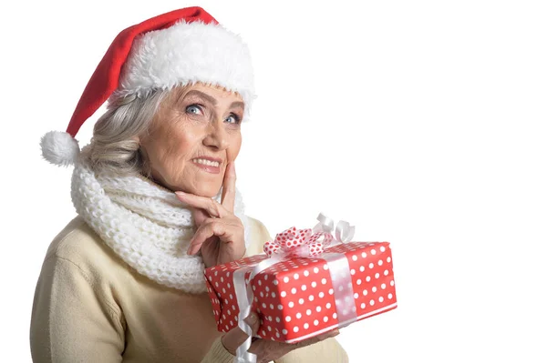 Happy Senior Woman Santa Hat Present Isolated White Background — Stock Photo, Image