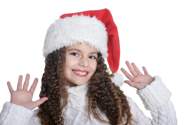Portret Uśmiechniętej Dziewczynki Kapeluszu Mikołaja Odizolowanej Białym Tle — Zdjęcie stockowe