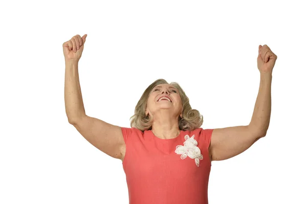 Lycklig Senior Kvinna Poserar Isolerade Vit Bakgrund — Stockfoto