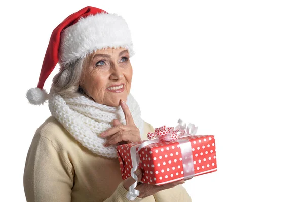 Happy Senior Woman Santa Hat Present Isolated White Background — Stock Photo, Image