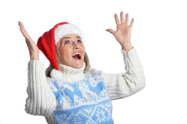 Felice Donna Anziana Santa Cappello Posa Isolato Sfondo Bianco — Foto Stock