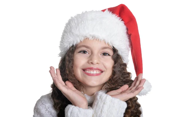 Porträtt Leende Liten Flicka Santa Hatt Isolerad Vit Bakgrund — Stockfoto