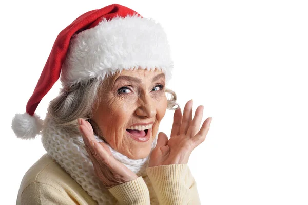 Portret Van Lachende Gelukkige Senior Vrouw Santa Hoed Poseren Geïsoleerd — Stockfoto