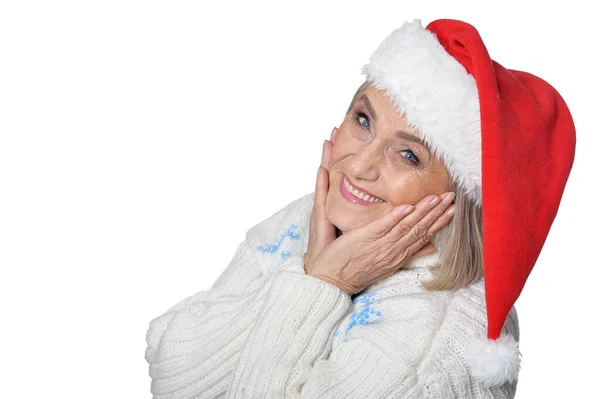 Portrait Sourire Heureuse Femme Âgée Dans Chapeau Père Noël Posant — Photo