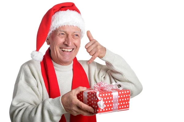 Porträtt Äldre Man Santa Hatt Isolerad Vit Bakgrund — Stockfoto